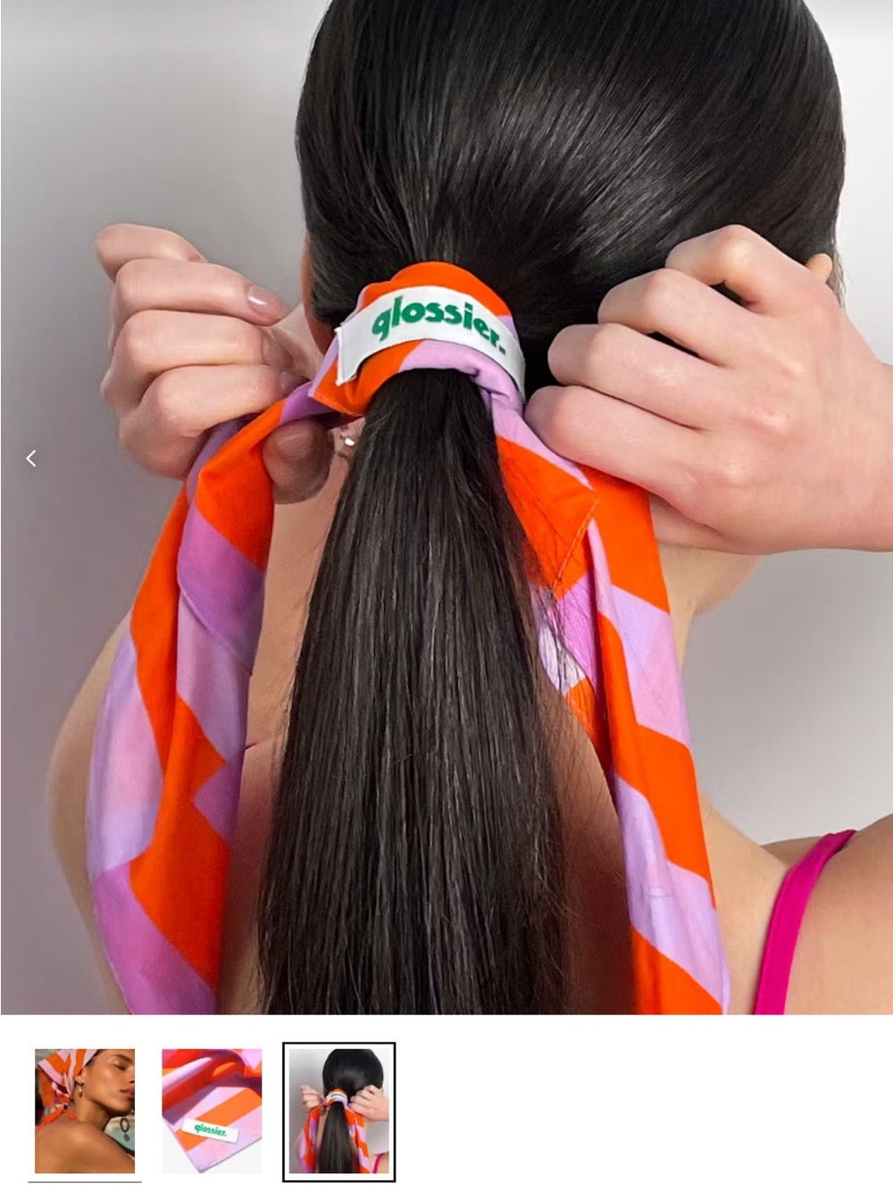 Glossier Orange & Lilac Striped Hair Scarf with Green Logo